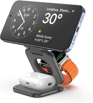 X55 Plus 3 in 1 Charging Station for Apple Devices, Magnetic Foldable Wireless Charger 15W Fast Charging Pad for iPhone 16/15/14/13/12, for Apple Watch, for AirPods 3/2/Pro - Gray