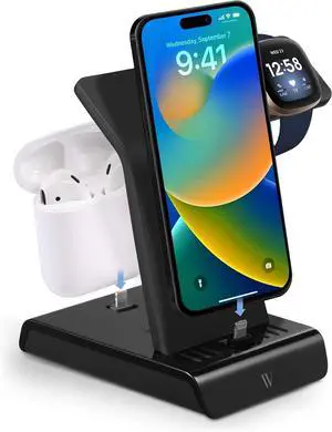 Wireless Charger, 3-in-1 Charging Station for iPhone, Airpods and Fitbit, Charger Stand for Multiple Apple Devices, not Compatible with Pixel Watch & Pixel Watch 2 (Black)