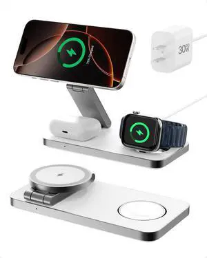 3-in-1 Foldable Wireless Charging Station,15W Qi2-Certified Wireless Charger for Magsafe iPhones,3 in 1 Magnetic Charger Stand for iPhone 16/15/14/13/12, Apple Watch and AirPods.(30W Adapter Include)