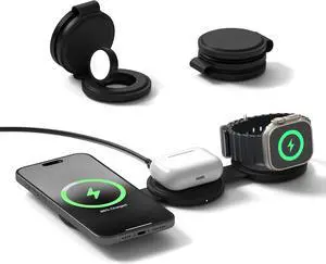 OntheGo 3 in 1 Wireless Charger, Qi2 Portable Charger with 15W Fast Charging for iPhone, 5W for Apple Watch, and 5W for AirPods, Magnetic Travel Charging Station  Black