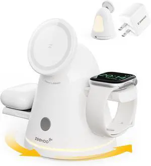 4 in 1 Wireless Charging Station for Apple,Mag-Safe Charger&Dimmable Light,Qi2 15W Rotating Fast Wireless Charger for iPhone 16,15,14,13,12&Pixel 10&iWatch&Samsung Watch&AirPods(30W Adapter)