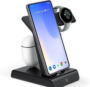 3-in-1 Wired Charging Station Made for Google Pixel, Pixel Buds, Fitbit Charge 5, 6, Versa 3, 4, Sense, Sense 2, Ace LTE & Pixel Watch 3 - NOT Compatible with Pixel Watch - (Black)