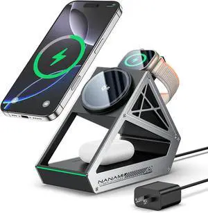 Wireless Charging Station for Apple Watch, Qi2 Certified 3 in 1 15W Magnetic Wireless Charger Stand for iPhone 16/15/14/13/12 Series, AirPods 4/3/Pro/Pro 2, [Certified] Apple Watch Charger