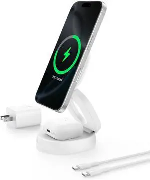 MagSafe Charger Compatible, 2-in-1 Qi2 Wireless Charging Station 15W, Convertible Wireless Charger for iPhone 16, Apple Watch, AirPods, Portable Phone Stand for Travel w/ 30W Adapter - White