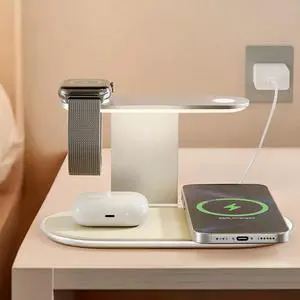 4-in-1 for Magsafe Wireless Charging: 15W Qi Magnetic Fast Charger Station Pad with Night Light for iPhone 16 15 14 13 12 Pro Max - for Apple Watch and AirPods Series - Desk Nightstand Bedside, Silver