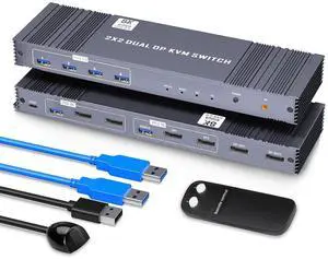 8K KVM Switch 2 Monitors 2 Computers Displayport, DP+DP 4K@144Hz USB3.0 Dual Monitor KVM Switches for 2 PC Sharing 2 Monitor of 1 Set Keyboard Mouse and USB Device, with IR Controller