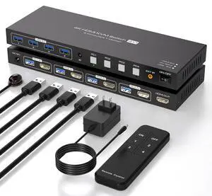 HDMI KVM Switch 4 Computers 1 Monitor 4K60Hz 4 Port KVM Switches Support 4PC Share 1 Monitor and Four USB Devices with 4 USB 3.0 Cables and Remote Control SW240