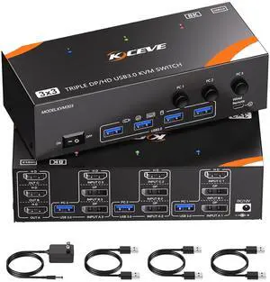 KVM Switch 3 Monitors 3 Computers 8K@60Hz/4K@120Hz, HDMI DP KVM Switches for 3 PC Sharing Triple Monitor and Keyboard Mouse with Power Adapter, Wired Extend Controller and USB3.0 Cables