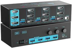 8K/4K Triple Monitor KVM Switch 3 Monitors 3 Computers 3 Port 2 Displayport 1.4 and HDMI 2.1 USB 3.0 KVM Switches, DP 1.4 Supports 8K@30Hz/4K@144Hz, HDMI Supports 8K@60Hz /4K@120Hz with Wired Remote