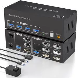 8K60Hz HDMI Displayport KVM Switch 3 Monitors 2 Computers 4K120Hz Triple Monitor KVM Switches Displayport for 2 PC Sharing 3 Monitors and 4 USB 3.0 Devices Supports Extended and Copy Mode SW232