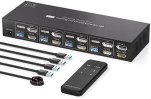 8K Displayport HDMI KVM Switch 4 Computers 2 Monitors 4K144Hz for 4 PC Sharing Dual Monitor and 4 USB 3.0 Port Support Extended/Copy Mode with ControllerNot Supporting EDID