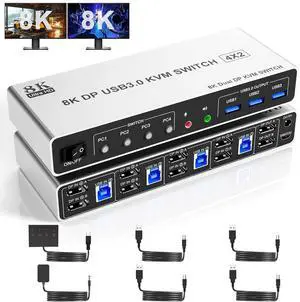 8K@60Hz USB3.0 Displayport KVM Switch 2 Monitors 4 Computers, 4 Port DP1.4 Dual Monitor Displayport KVM Switch with Audio, Microphone and 3 USB3.0, Dual Monitors Displayport KVM Switch for 4PCs