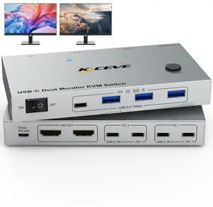 KVM Switch 2 Monitors 2 Laptops USB C,4K@60Hz USB C Dual Monitor KVM Switch for 2 Laptops Share 4 USB 3.0 Devices with 80W PD,Wired Remote and Cables Included