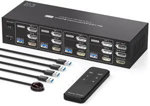 8K 2 Displayport HDMI KVM Switch 4 Computers 3 Monitors 4K144Hz for 4 PC Sharing Triple Monitor and 4 USB 3.0 Port Support Extended Copy Mode with ControllerNot Supporting EDID