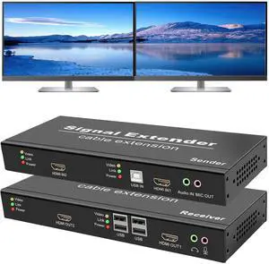 Dual Monitor KVM Extender Over Cat5e/6/7 up to 120M(394ft), 4K@30Hz Dual HDMI KVM Extender for 2 Monitors, 2 rj45 Ports, 4 USB2.0 Hub Over Ethernet, Audio&Microphone