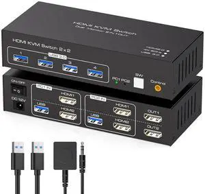 HDMI KVM Switch Dual Monitor 2 Computers Support 4K@60Hz USB 3.0 KVM Switches Share Dual Monitors and 4 USB 3.0 Ports Support Extended/Copy Mode with DC 12V Adapter&Wired Controller