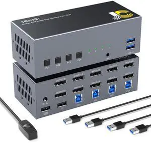 8K@60Hz DisplayPort KVM Switch Dual Monitor for 4 Computers | 4K@144Hz DP 1.4 w/DSC | USB 3.0 Hub & Hotkey Switching | 1.5m Remote Controller