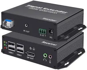 DisplayPort KVM Extender Over SM Fiber Up to 20KM, 4K@30Hz DP Over Fiber KVM Extender Zero Latency, with 4 USB2.0 Ports, IR Control, Bidirectional Audio