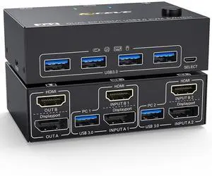 HDMI USB 3.0 KVM Switch for 2 Computers, Dual Monitor DisplayPort KVM Switcher Supports 8K@60Hz 4K144Hz, Share Keyboard, Mouse and Monitor