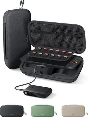 Nintendo Switch 2 Case w/Integrated 10,000mAh Power Bank Charger, Portable Hard Shell Protective Carrying Case with Pockets for AirTag, Game Cartridges for Travel - Charcoal