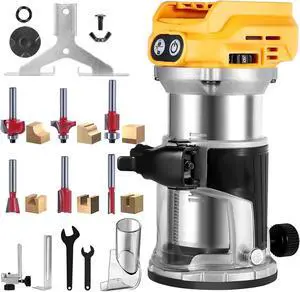 Cordless Router compatible with Dewalt 20V MAX battery (Battery not included), 6-speed, 800W 30,000 RPM, includes trim router bits, edge/roller guide, dust hood, Ideal for woodworking