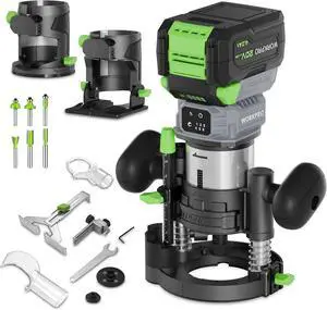 20V Cordless Compact Router Tool, 6 Variable Speeds up to 30,000RPM Wood Router for Chamfering, Slotting, Trimming, with Multi-Angle Adjustable, Straight, Dual-Handle Base and Multiple Bits