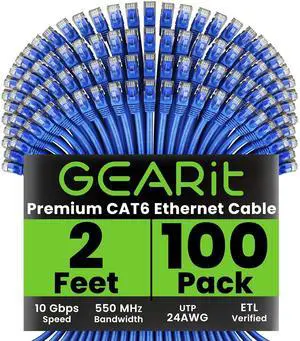 Cat 6 Ethernet Cable (100-Pack 2 Feet) Cat6 Network Patch, 10Gbps, RJ45, Snagless Cord, Gold-Plated Connectors, Internet for PC, TV, Tablet, Router, Printer, Servers, IT Data Center - Blue