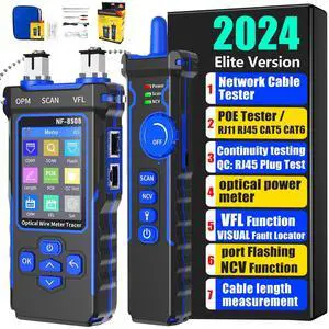 NF-8508 Network Cable Tester with 7 wavelength Optical Power Meter VFL,RJ11 RJ45/PoE Tester/CAT5 CAT6/NCV with 10mw Visual Fault Locator,Network Tool with Lithium Battery