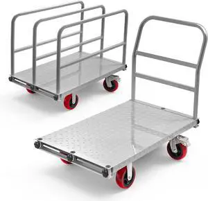 2IN1 Steel Panel Truck Cart, Lumber Cart Drywall Dolly2500LBS Heavy Duty Flatbed Cart Dolly with 6" Swivel Brake Wheels, 40x24INCH 2MM Plate Platform Truck with 1Front and 3Side Handrails