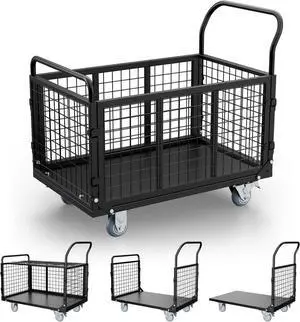 Platform Truck Cart with Cage, 5 in 1 Foldable Heavy Duty Platform Cart, 2500 LBS Capacity Heavy Duty Push Cart with 4 Casters for Grocery, Laundry, Warehouse, Pantry