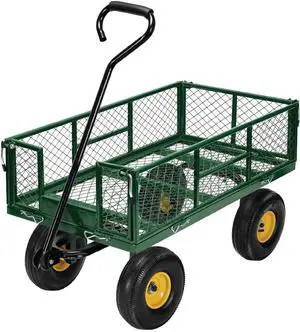 Garden Cart Heavy Duty Steel with Removable Mesh Sides to Convert into Flatbed, Utility Carts with Wheels, Yard and Garden Wagon, 600 Lb, Green