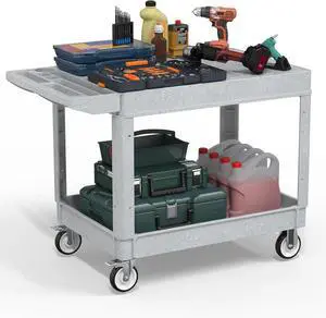 Heavy Duty Plastic Utility Cart with Wheels, Rolling Flatbed Tool Cart on Wheels, Service Cart for Garage, Warehouse, Workshop, Office, Cleaning (Gray-45.7 inch)