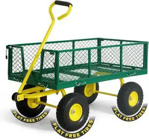 Metal Green Garden Cart, w/ 180° Adjustable Yellow Handle, w/Mat and Strap, Heavy Duty 880 lbs Capacity, w/ 10 Flat-Free Tires, Sides Removable, Utility Wagon, Yard Cart, for Garden, Farm