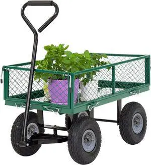 Heavy Duty 500 Lbs Capacity Mesh Steel Garden Cart Folding Utility Wagon with Removable Sides for Beach Lawn Yard Landscape (Deep Green)