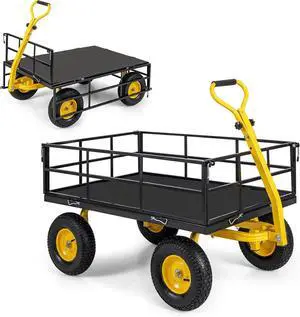 Mesh Steel Garden Cart, 1200LBS Utility Wagon with 4 Removable Sides, 13 Pneumatic Wheels, Adjustable Handle, Bungee Cord, Convert into Flatbed, 3-in-1 Heavy Duty Garden Wagon for Yard Farm