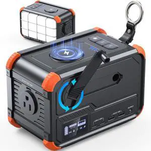 Portable Power Station 153Wh Camping Small Solar Generator with Hand Crank 120V 150W AC Outlet Lithium Battery Power Bank, Wireless Charging Emergency Charger for Outdoor Travel Home Backup