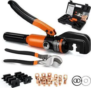 Hydraulic Crimping Tool and Cable Cutter, 12 AWG to 2/0 AWG, 10 Tons Electrical Terminal Cable Crimper Tool Kit with 9 Die Sets and 64PCS Copper Wire Lugs