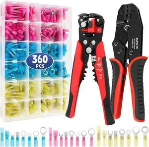 Crimping Tool for Heat Shrink Connectors Set with 360pcs Waterproof Marine Grade Heat Shrink Wire Connectors AWG 22-10, Wire Stripper and Ratchet Terminal Crimper, Ideal for Home Electrical Repairs