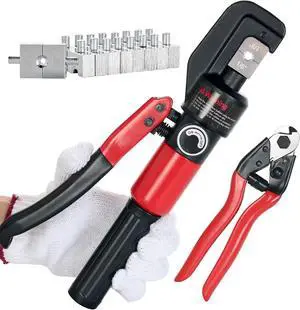 Hydraulic Lug Crimping Tool 10 US Ton with Wire Rope Cutter, 9 US Standard Chromed Hexagonal Dies 12, 10, 8, 6, 4, 2, 1/0, 2/0 AWG for Electrical Terminals and 1/8" for Stainless Steel Wire Rope
