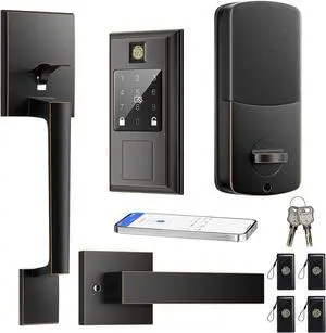 Smart Front Door Lock Set, Keyless Entry Door Lock with Handle Set, Fingerprint Deadbolt Smart Locks for Front Door, App Control, Touchscreen Keypad, Oil Rubbed Bronze