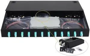 1 pack 24-Strand LC OM3 Multimode Fiber Optic Patch Panel | Rack Mount Enclosure with Splice Trays, LC UPC Couplers & Pigtails | Compatible with 19-Inch Network Rack Cabinets (12 Duplex Ports)