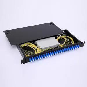 High-Performance 24 Duplex 48 Port LC-OS1 Rack Mount Fiber Enclosure Box Kit for SingleMode LC-UPC, 19" Cabinet - Includes 2 Splice Trays, 48 Strand Pigtail, 1M Cables, Spool, 24 Core LGX Patch Panel