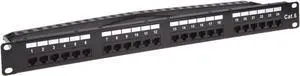 24-Port Cat6 Unshielded UL Listed Patch Panel, 1U, 110/Dual IDC, with Wire Support Bar, Metal Front, PoE+ (TAA), T568A/B, 22-24 AWG, Gold Plated Contacts, Black