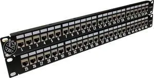 48-Port CAT6A FTP Shielded 2U Patch Panel 19-Inch Loaded w/Tool-Less Keystone Jacks Rackmount or Wallmount