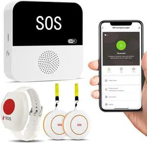 WiFi Caregiver Pager Wireless Call Button with App Alert, Life Alert Systems for Seniors No Monthly Fee- 2 Caregiver Call Button + 1 Wristband Panic Button, Alert Button for Seniors at Home