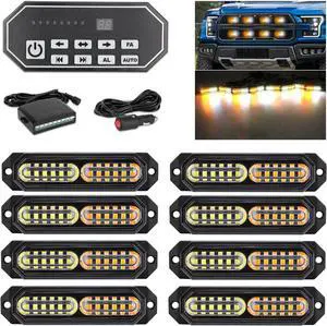 Led Grille Strobe Lights with 9 Key Switch, 20 Flashing Mode Surface Mount 12-LED Mini Emergency Warning Grill Light Bar for Construction Tow Trucks Van Utility Vehicles, 8pcs Pack, White Amber