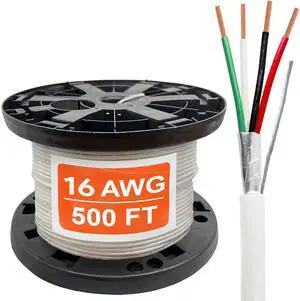 16 Gauge Wire (16 AWG)  4 Conductor Stranded Copper Shielded Cable  16/4 Home Electrical Wire  Low Voltage Up to 300V  CL3P Low Smoke Plenum Jacket  USA Made (500ft - White)