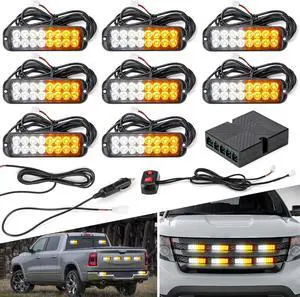 Amber White LED Strobe Lights Kit - 8PCS 16-LED Emergency Flashing Hazard Warning Light 12V Sync Feature Ultra Slim Surface Mount Main Control for Construction Trucks Vehicles Car ATV Waterproof