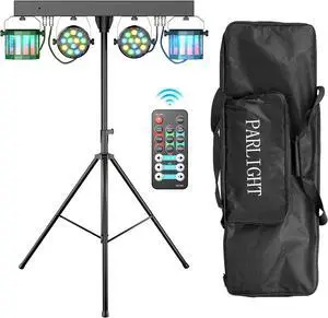 5 in 1 Dj Lights with Stand 5.9ft,Led Dj Par Lights+Effect Strobe Lights Dj Disco Lights Party Lights Dj Lights for Parties Indoor DMX&Remote Control Mobile Stage Lighting with Carry Bag (Black 1PC)
