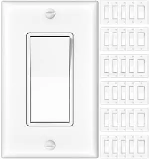 30 Pack Single Pole Light Switch with Wall Plate, UL Listed, 15A 120/277V, On/Off Rocker Paddle Interrupter Wall Switch, Grounding Screw, Residential Grade, Suitable for Home and Business, White